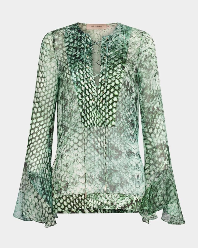 Thea Snakeskin-Print Silk Laced Flare-Sleeve Blous